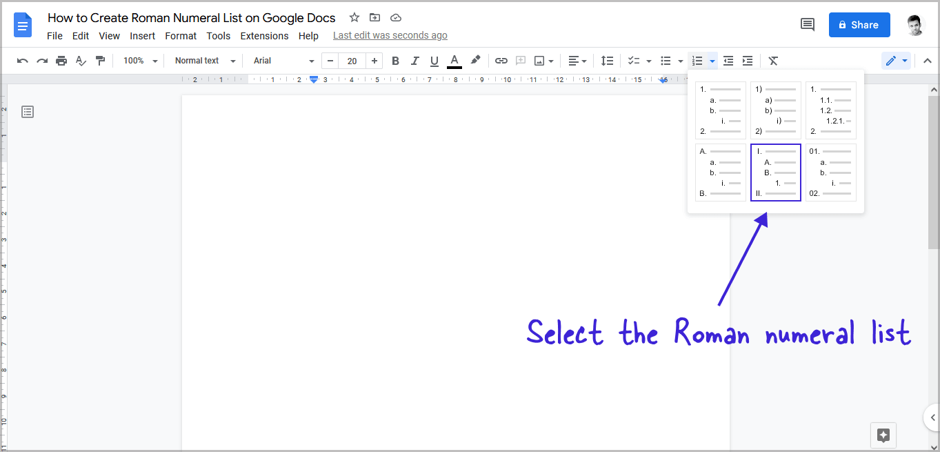 How to Create Roman Numeral List on Google Docs