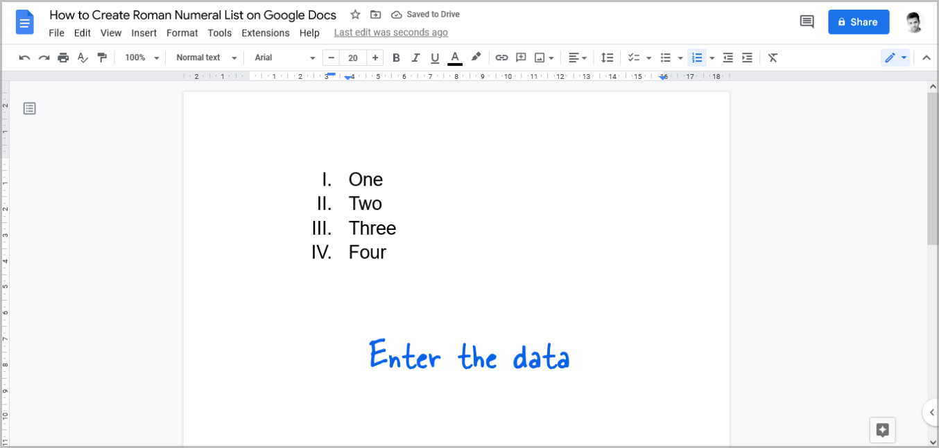 roman numeral page in google docs