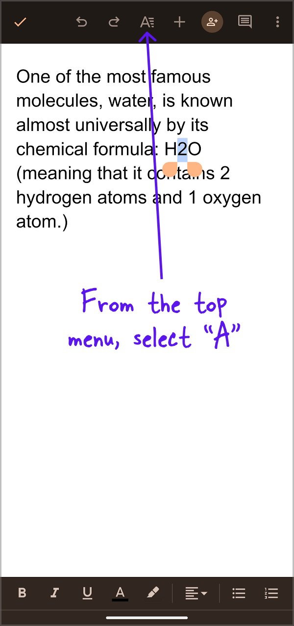 How to do a subscript in the Google Docs Android or iOS mobile App Step-3