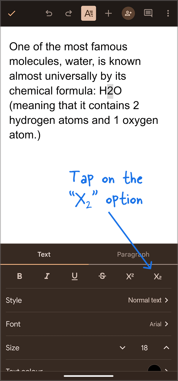 How to do a subscript in the Google Docs Android or iOS mobile App Step-4