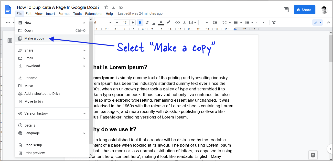 How do I copy an entire Google Doc to another?