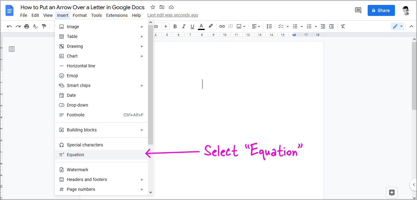Arrow Over a Letter in Google Docs