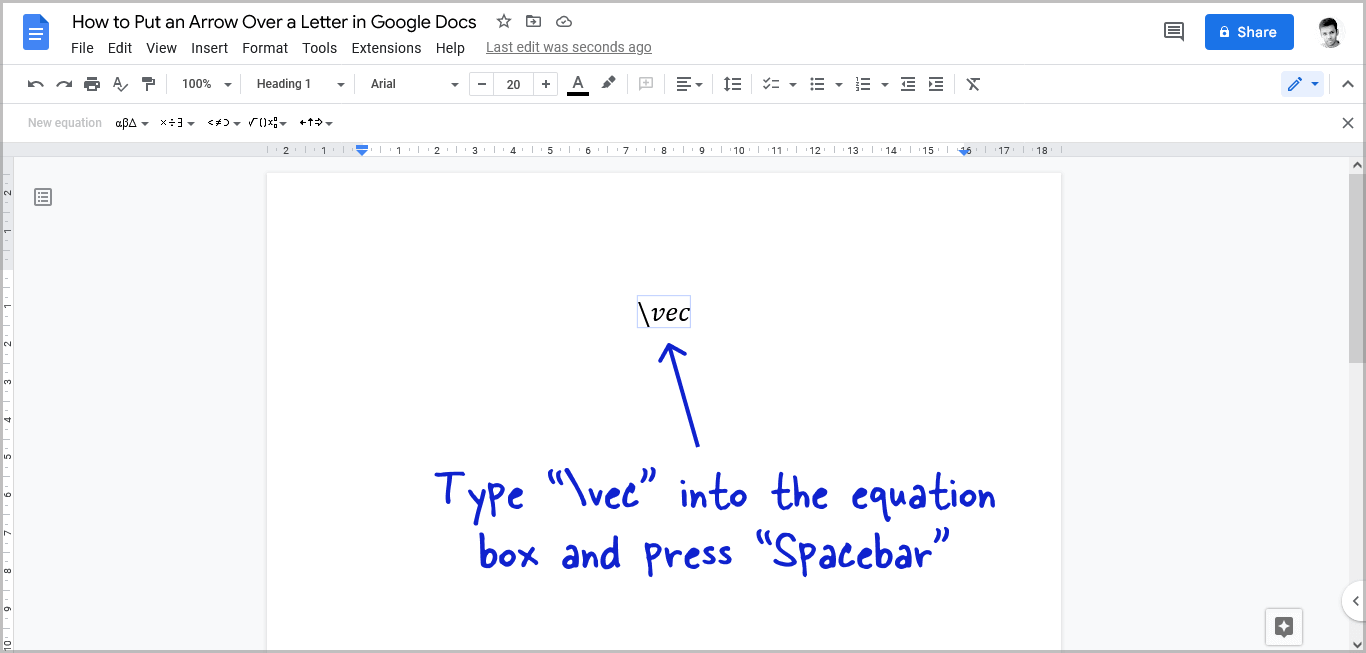 Arrow Over a Letter in Google Docs