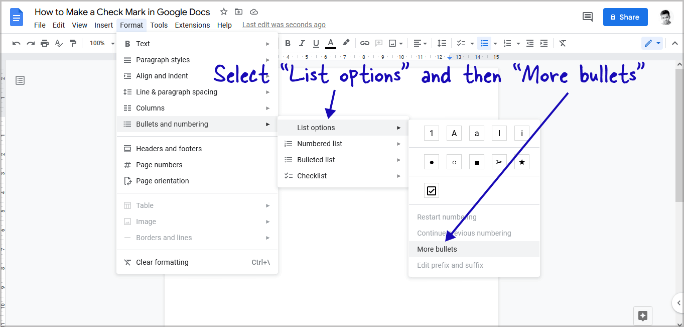 Adding Checkmarks With a Bulleted List in Google Docs