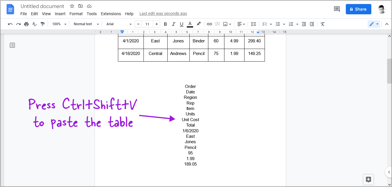 Convert Table to Text in Google Docs