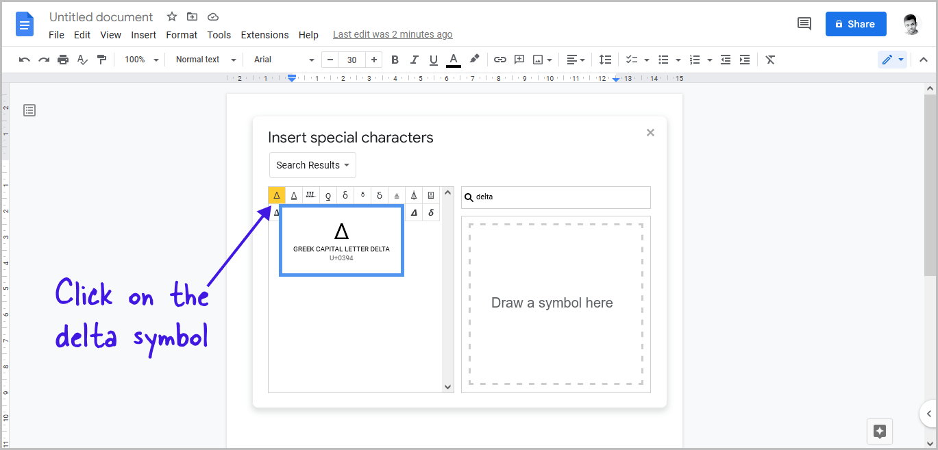 How to Insert a Delta Symbol in Google Docs