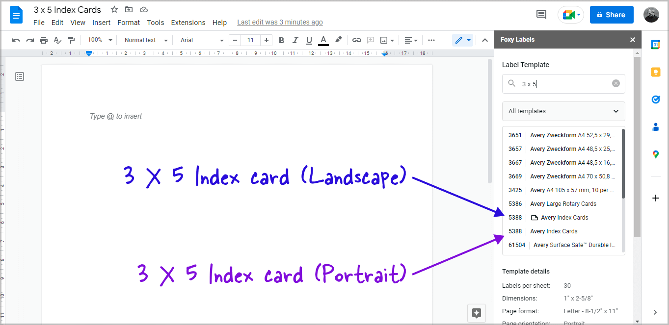 notecards template google docs