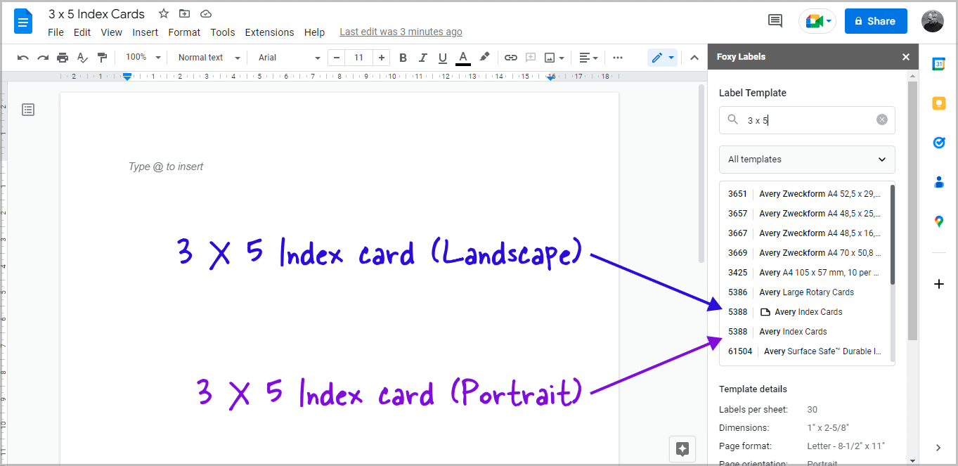 google doc templates of a 3x5 notecard