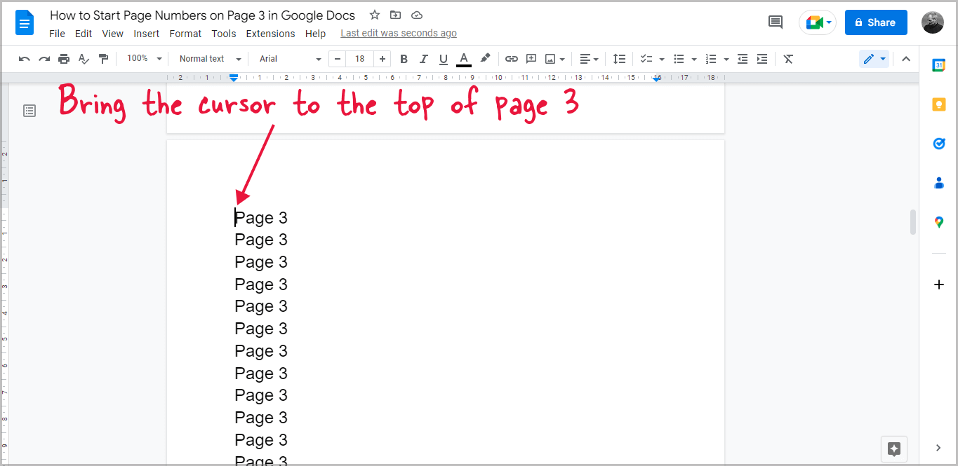 How to Start Page Numbers on Page 3 in Google Docs