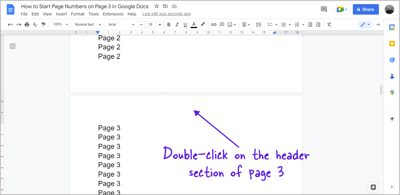 How to Start Page Numbers on Page 3 in Google Docs