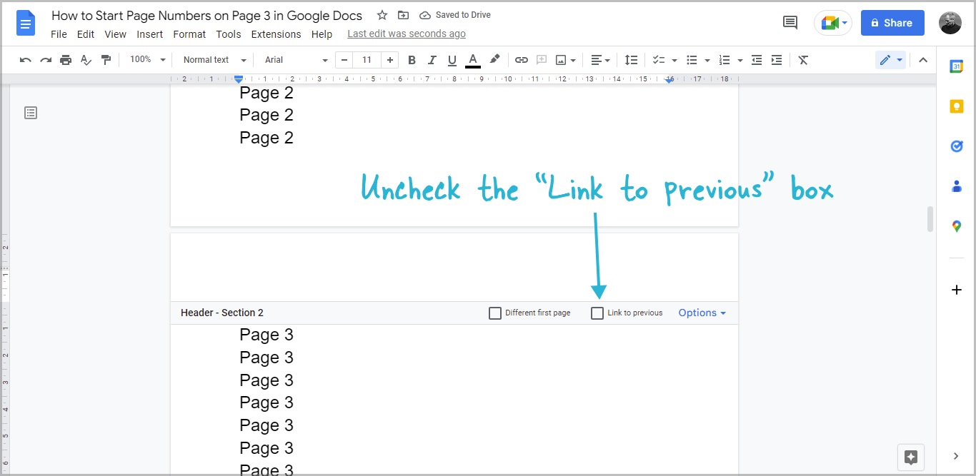 How to Start Page Numbers on Page 3 in Google Docs