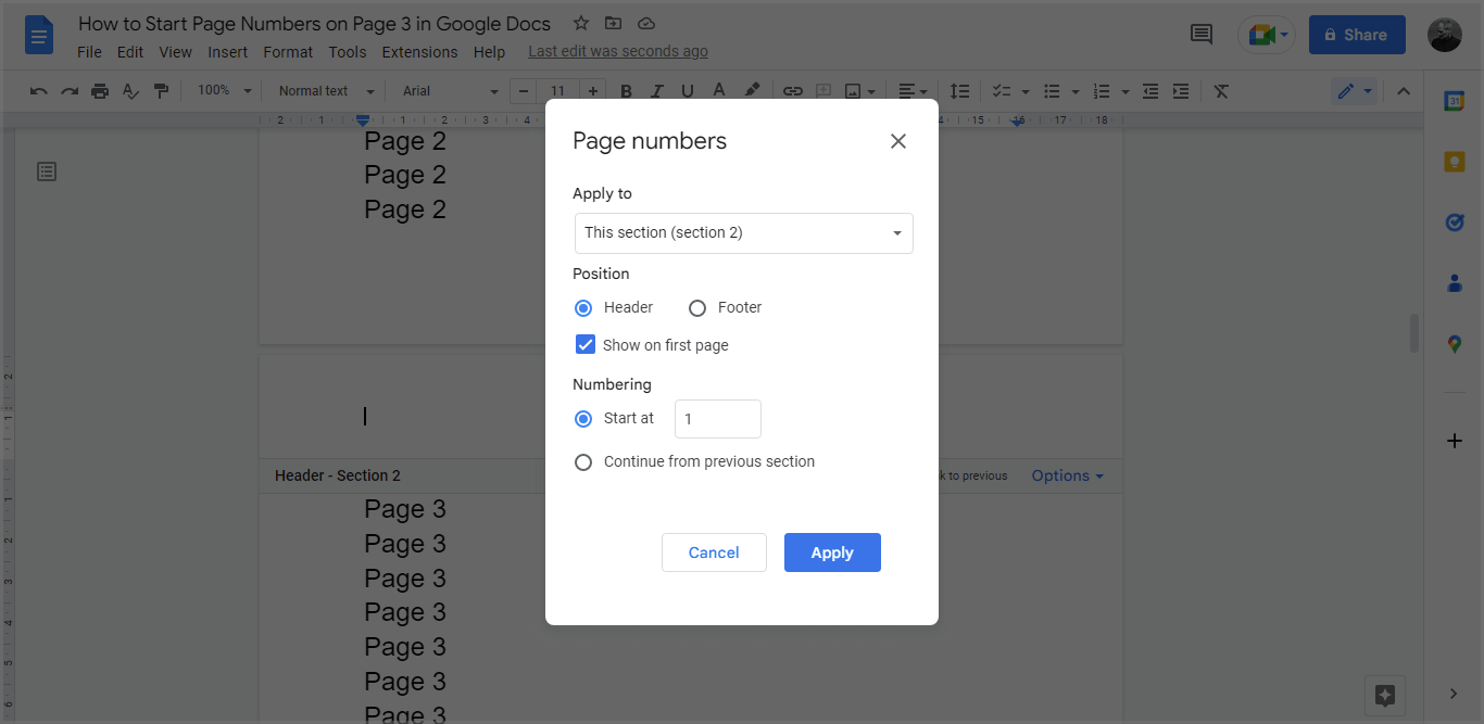 How to Start Page Numbers on Page 3 in Google Docs
