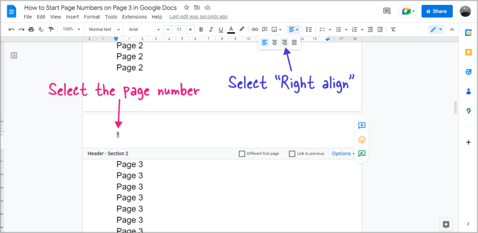 How to Start Page Numbers on Page 3 in Google Docs