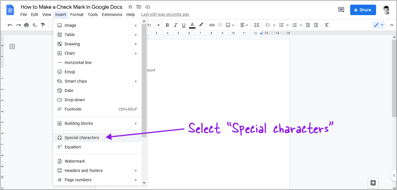 Inserting Checkmarks Using Special Characters in Google Docs