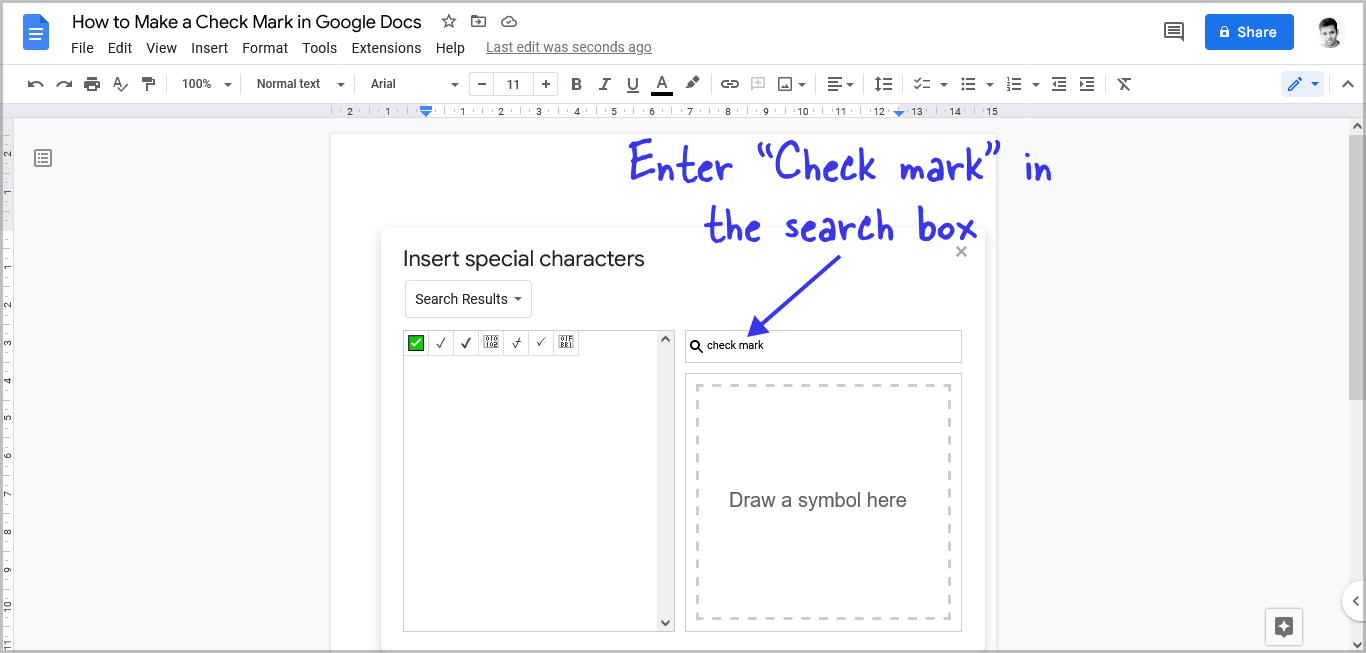 Inserting Checkmarks Using Special Characters in Google Docs