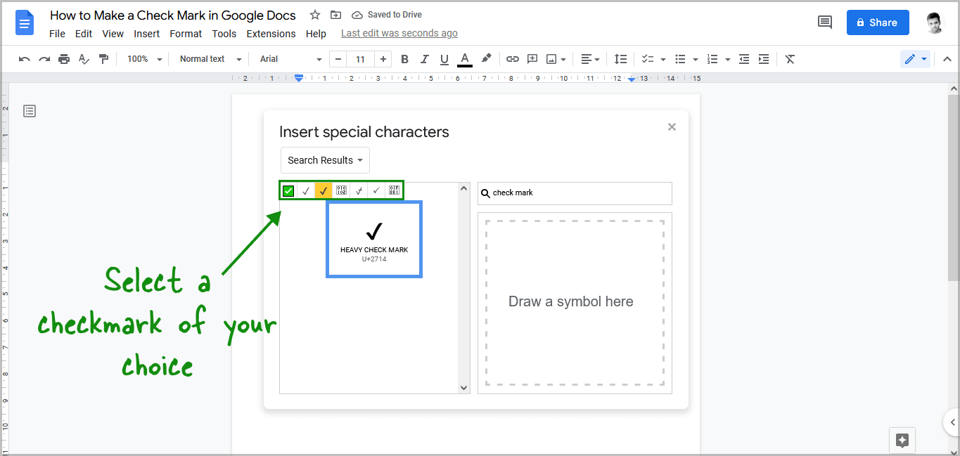 Inserting Checkmarks Using Special Characters in Google Docs