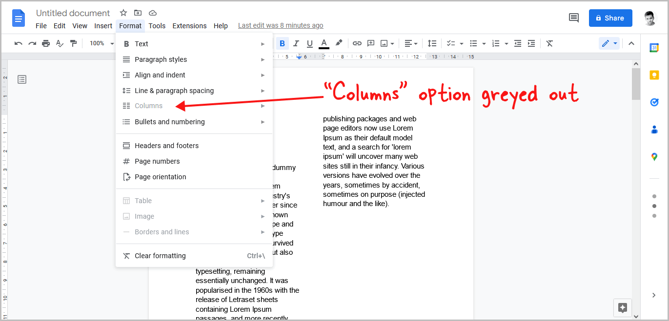 Google Docs Columns Greyed Out