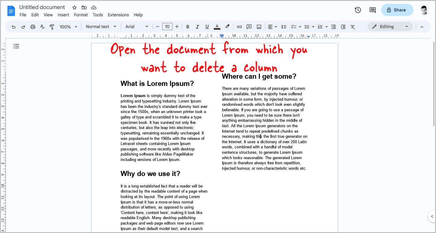 How to Delete a Column in a Document in Google Docs