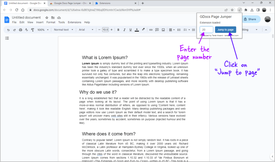 how to skip to next page in google docs