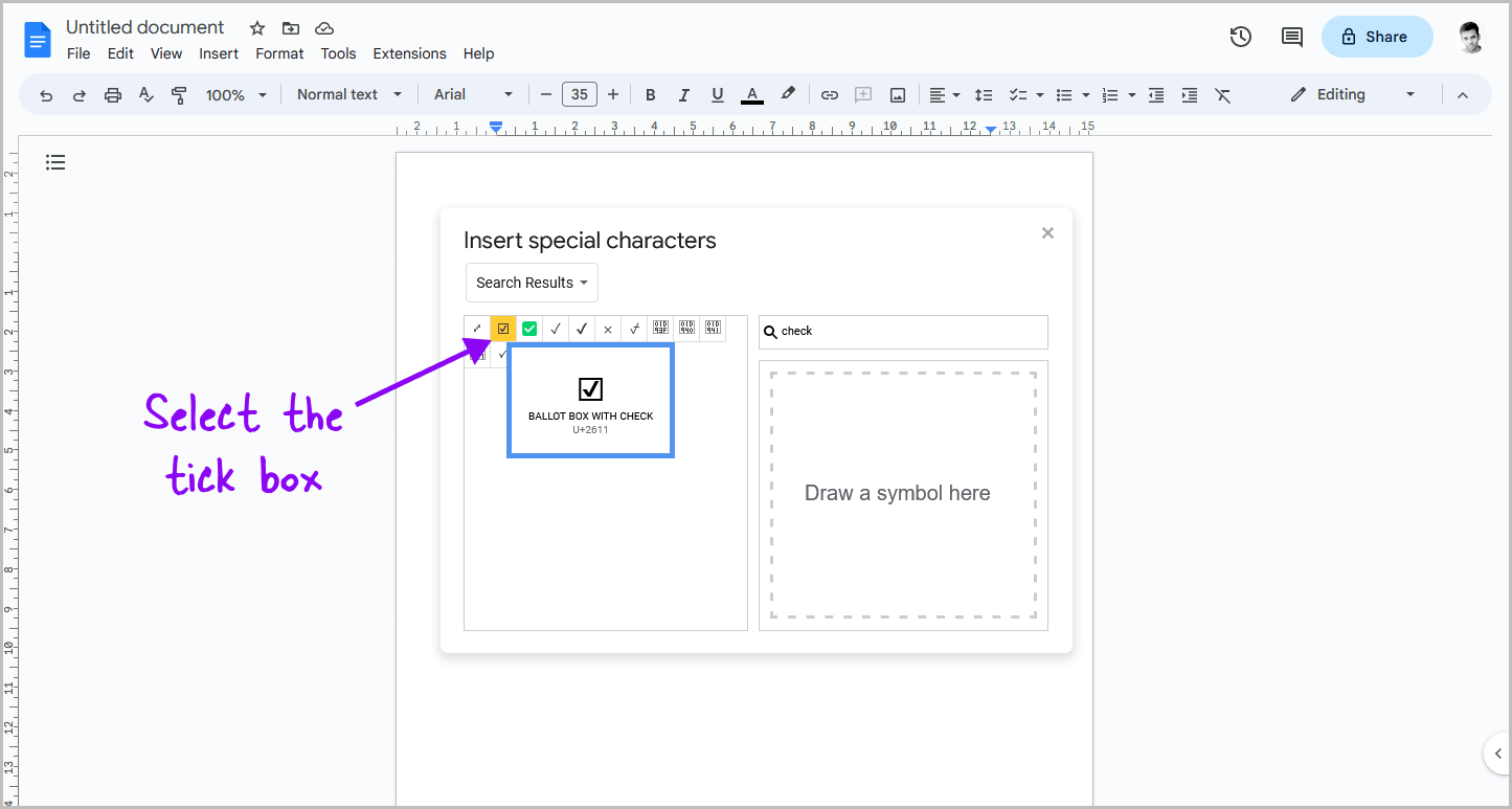 Insert Tick Box Symbol in Google Docs