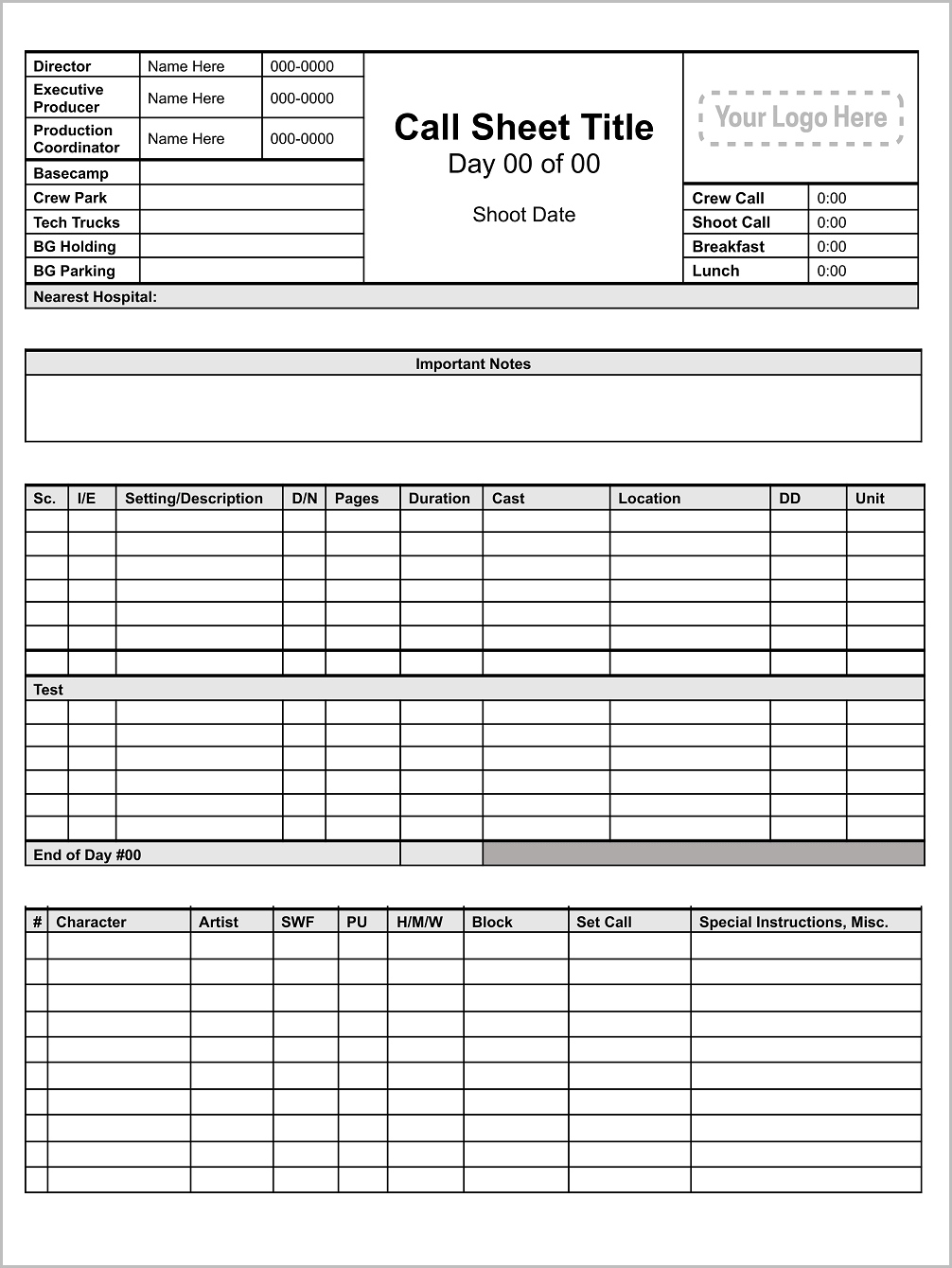 Call Sheet Template Google Docs FREE