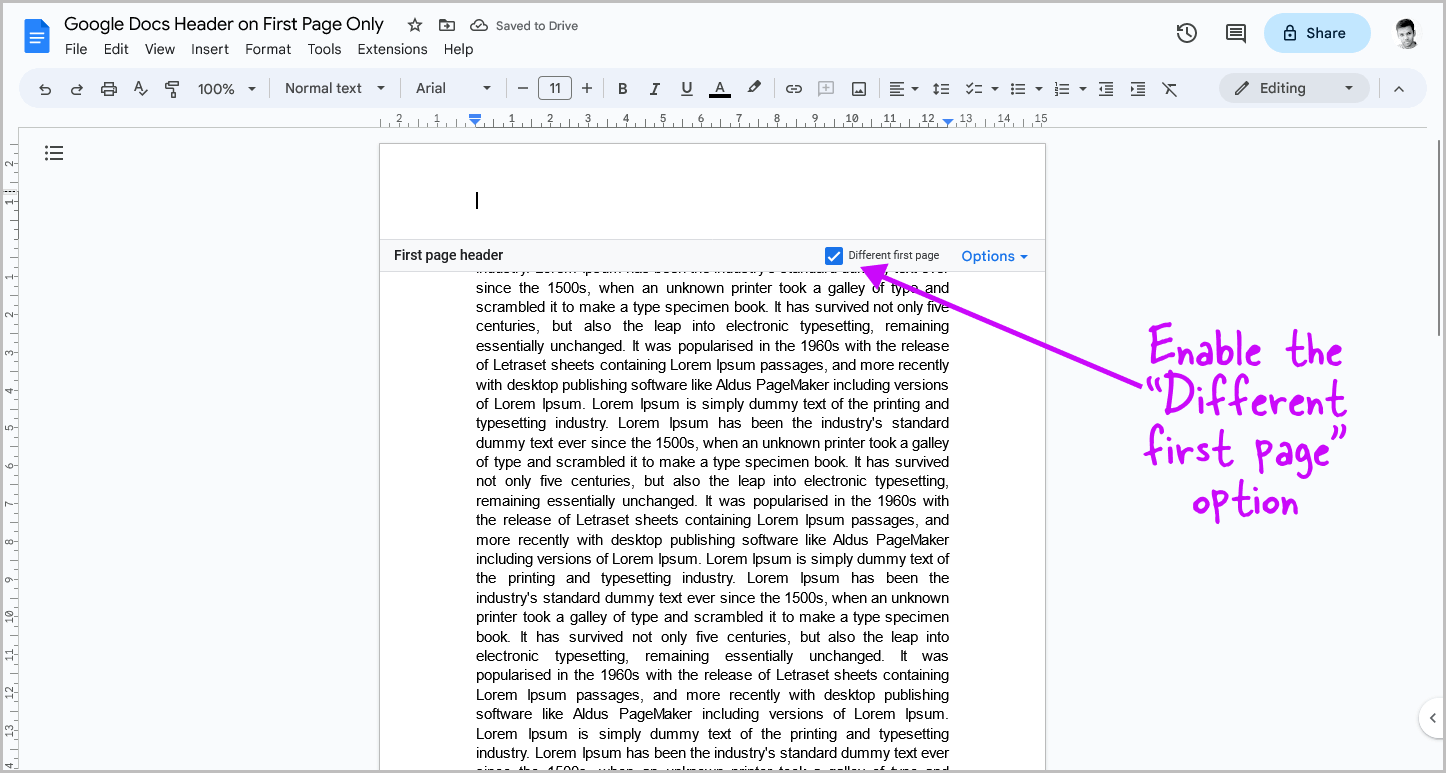 Google Docs Header on First Page Only