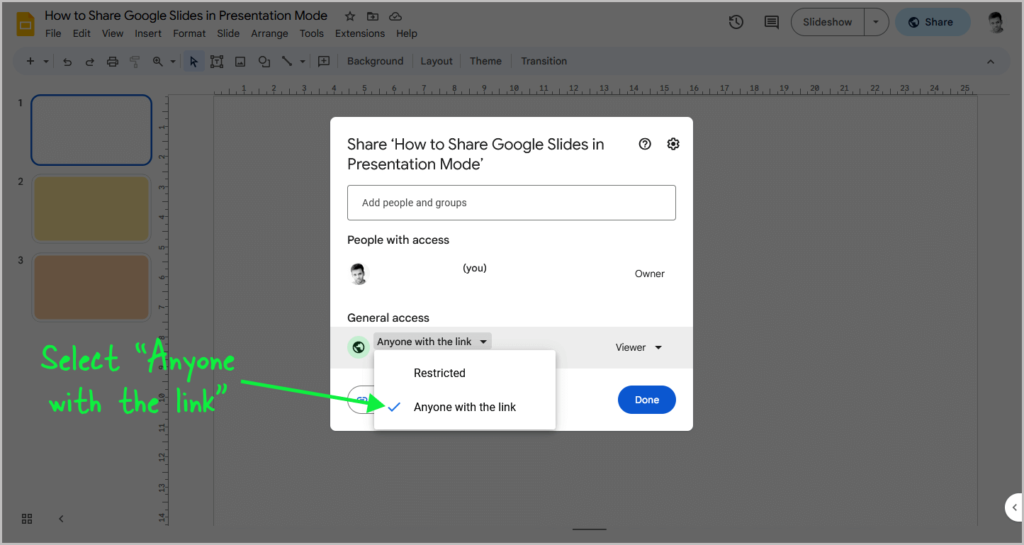 how to make google slides open in presentation mode