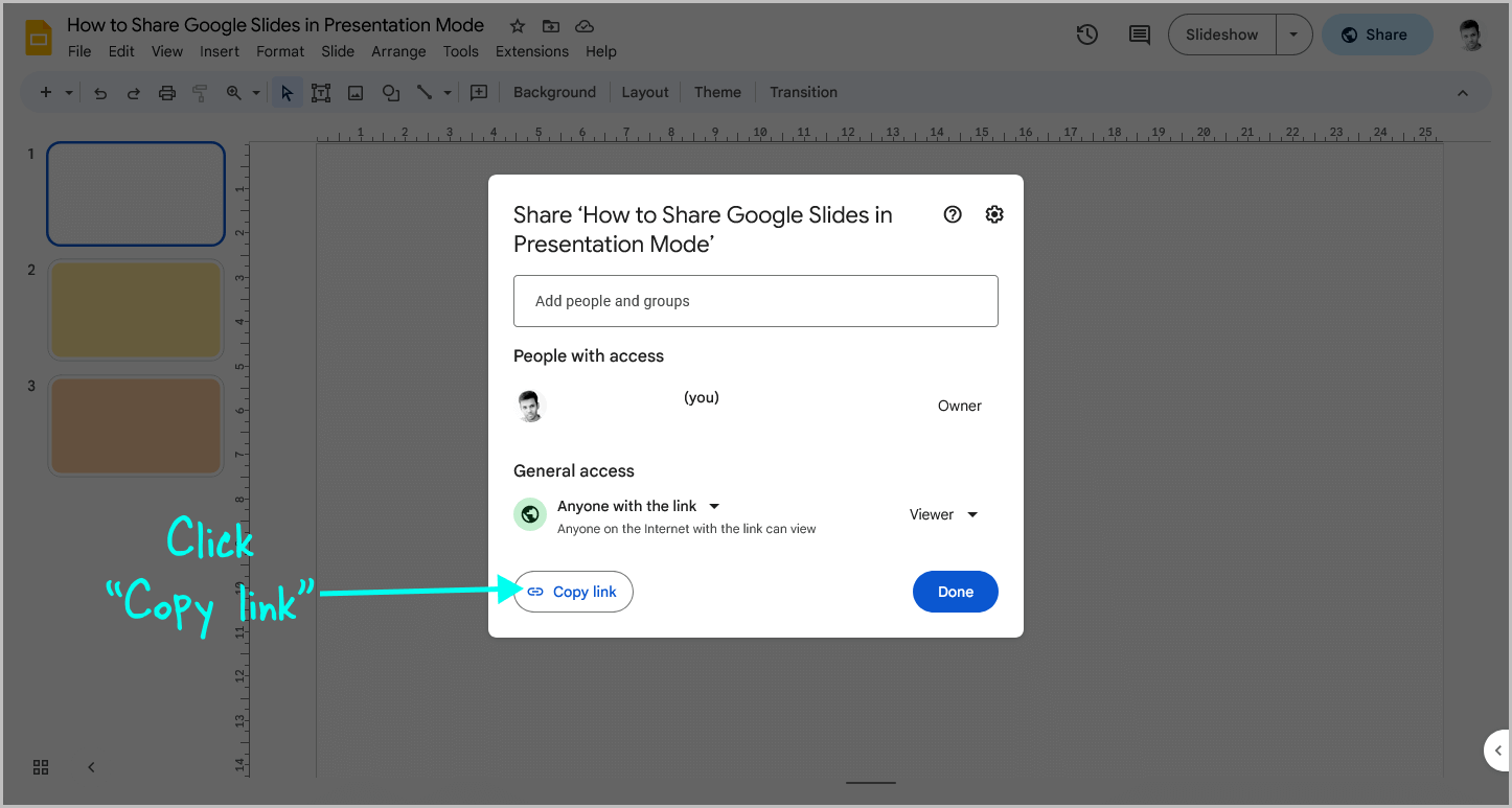 how to share google slide link in presentation mode