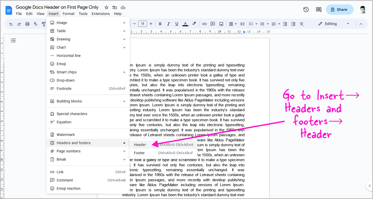 Google Docs Header on First Page Only