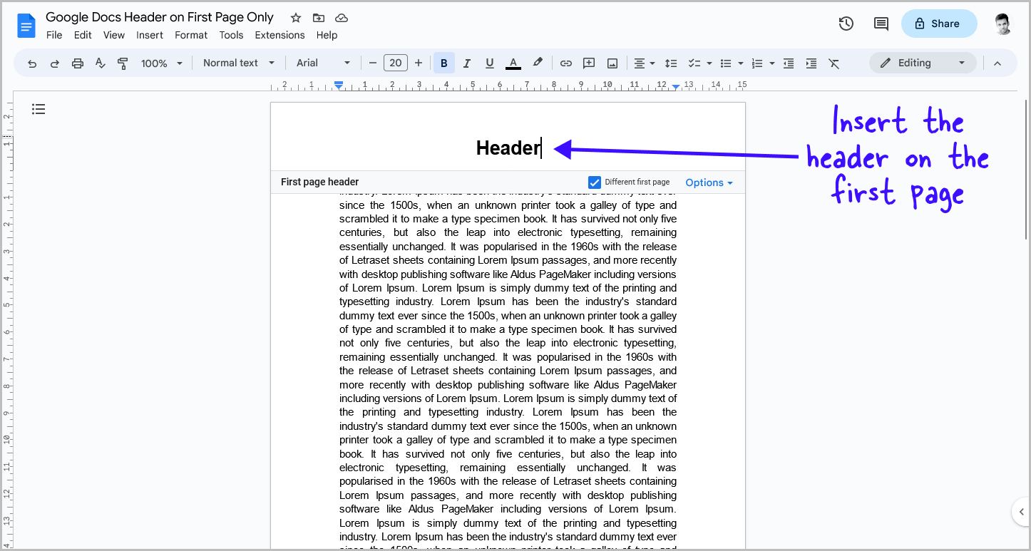 Google Docs Header on First Page Only