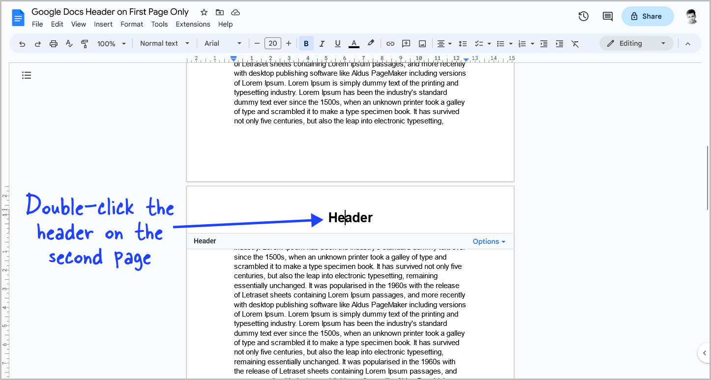 Google Docs Header on First Page Only