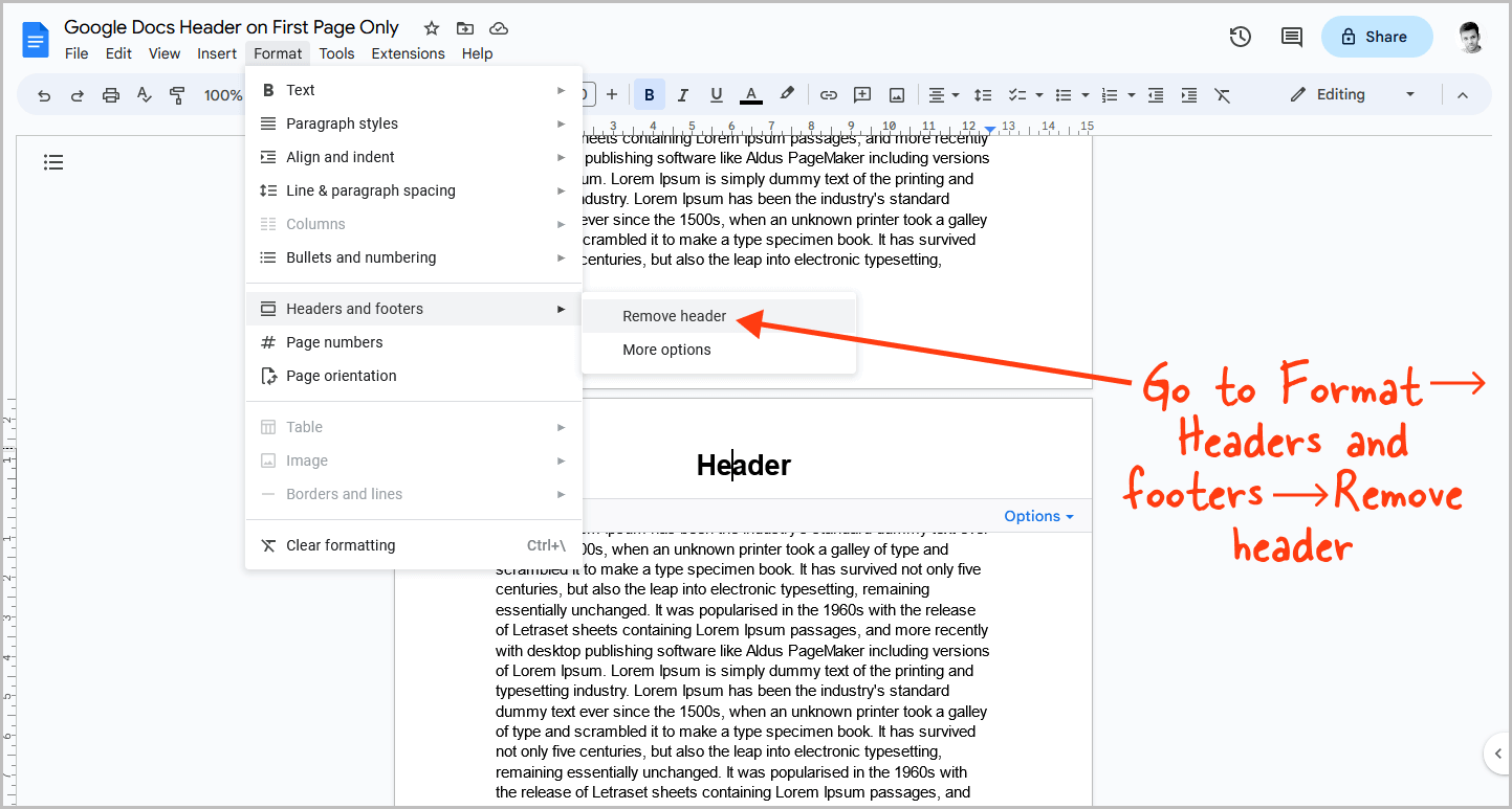 Google Docs Header on First Page Only