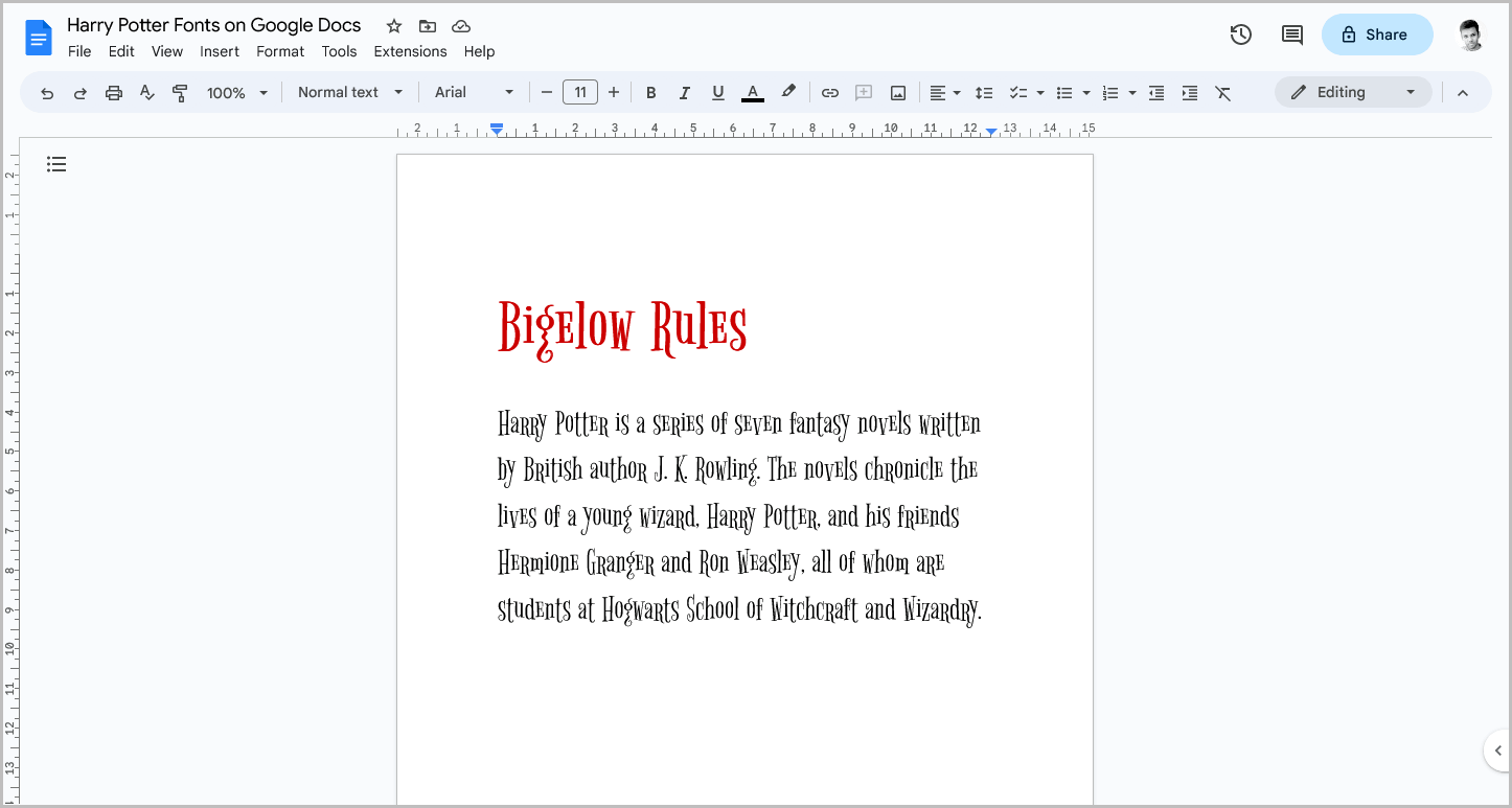 What is the Harry Potter font called in Google Docs?