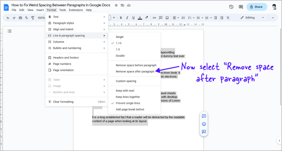 how to get rid of extra spacing between paragraphs in google docs