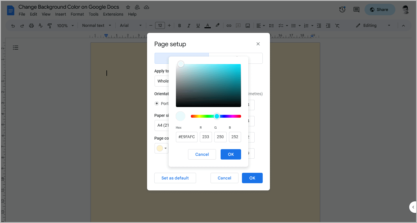 Setting a custom background color on Google Docs