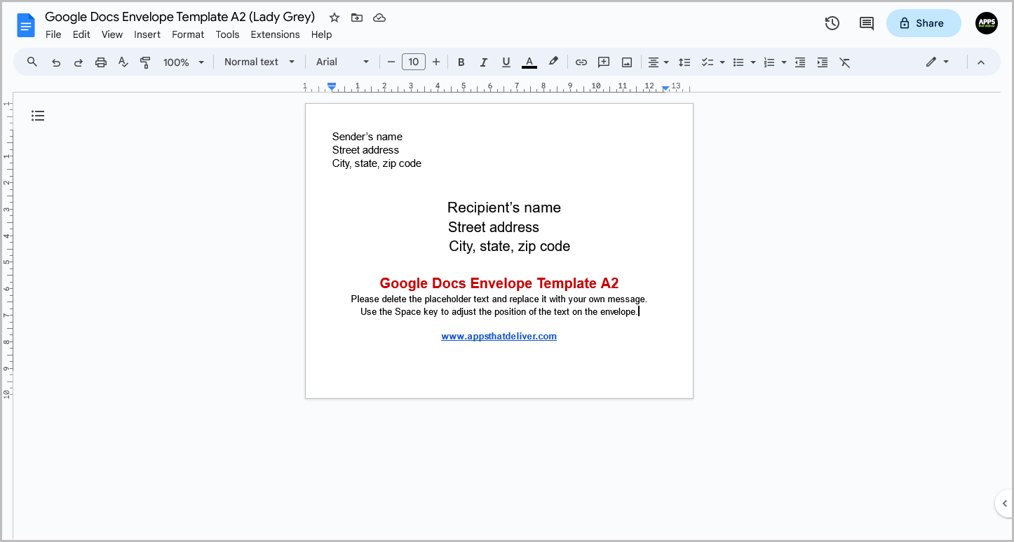 Google Docs Envelope Template A2