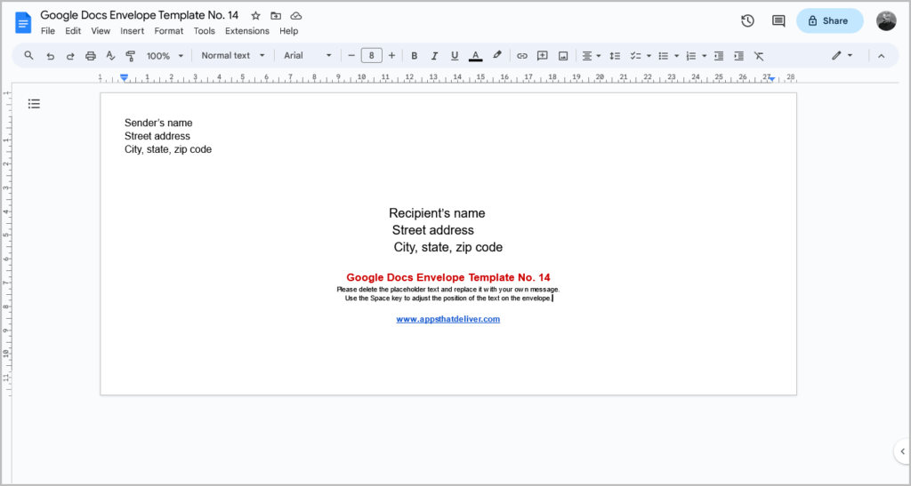 Google docs envelope template all sizes 