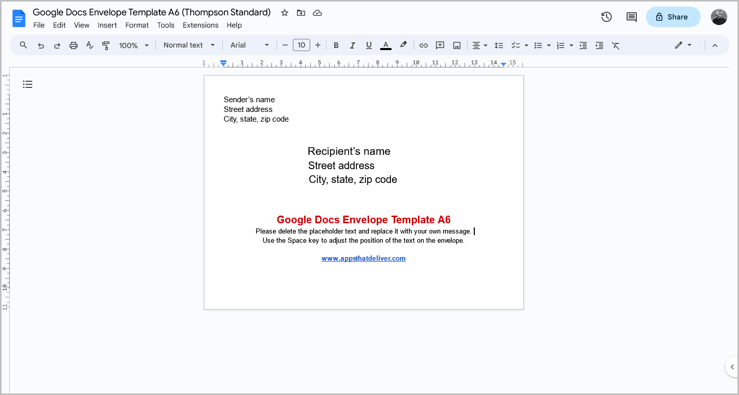 Google Docs Envelope Template A6