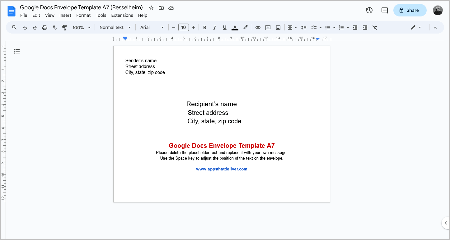Google Docs Envelope Template A7