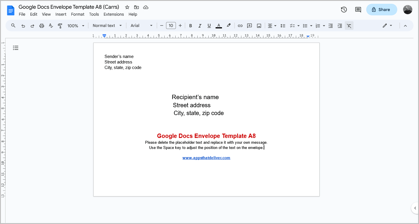 Google Docs Envelope Template A8