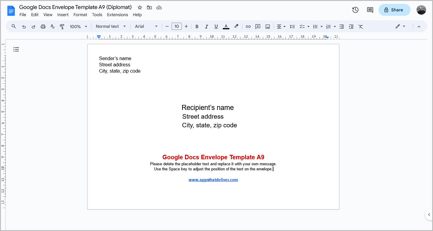 Google Docs Envelope Template A9