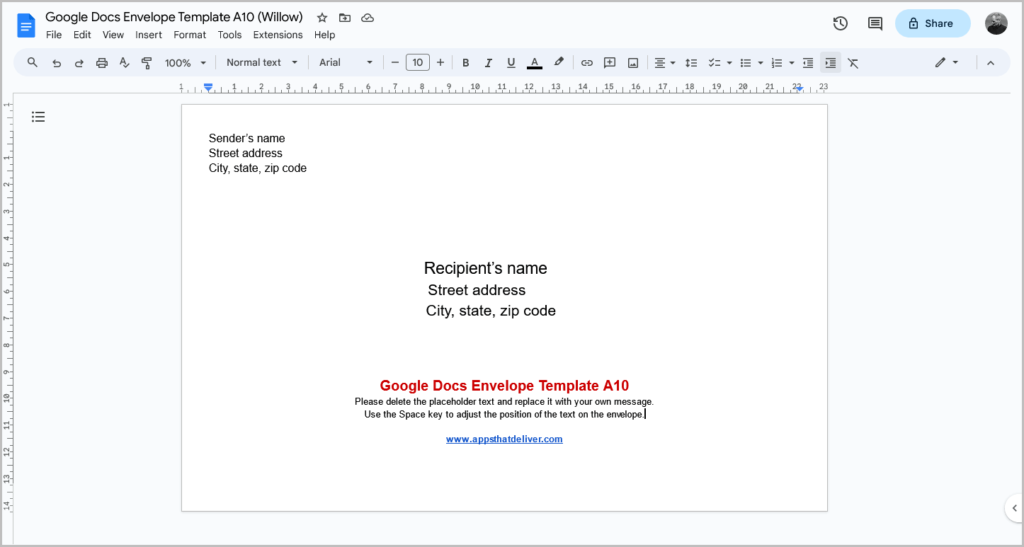 Google Docs Envelope Template [All Sizes]