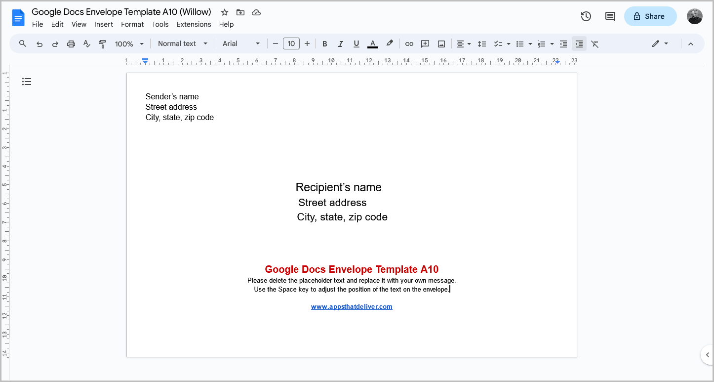 Google Docs Envelope Template A10