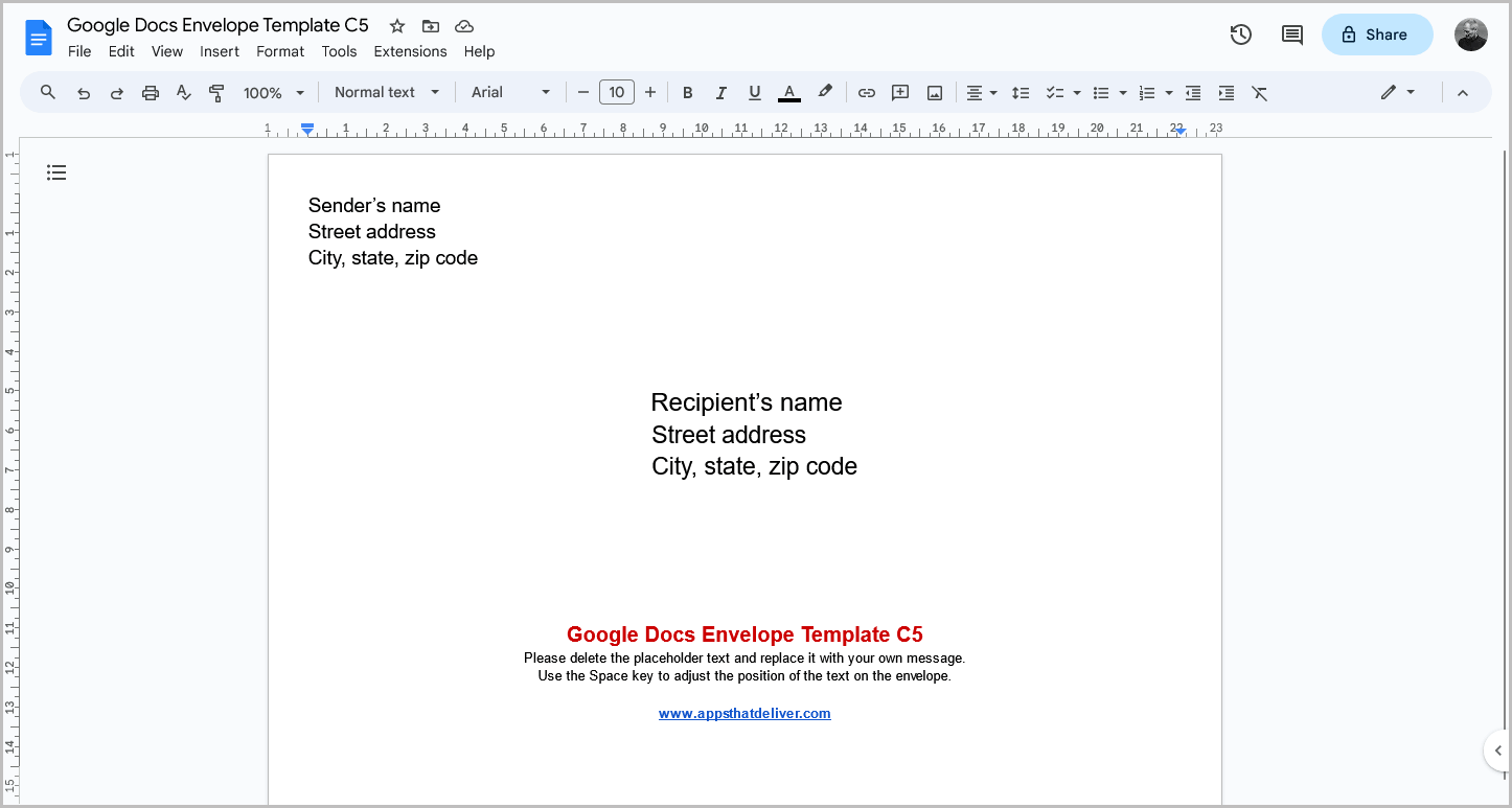 Google Docs Envelope Template C5