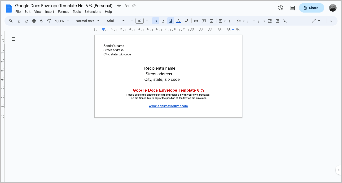 Google Docs Envelope Template No. 6 3⁄4