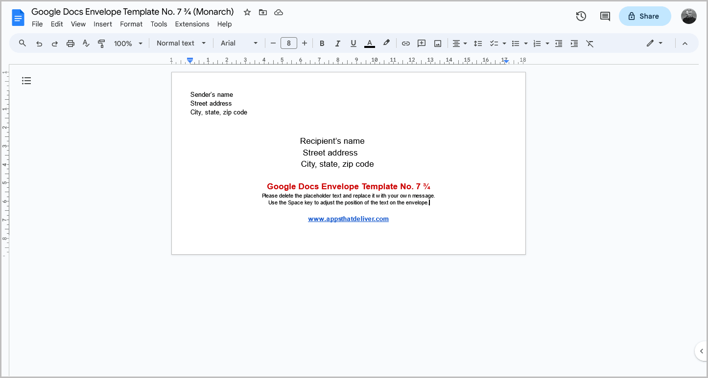 Google Docs Envelope Template No. 7 3⁄4