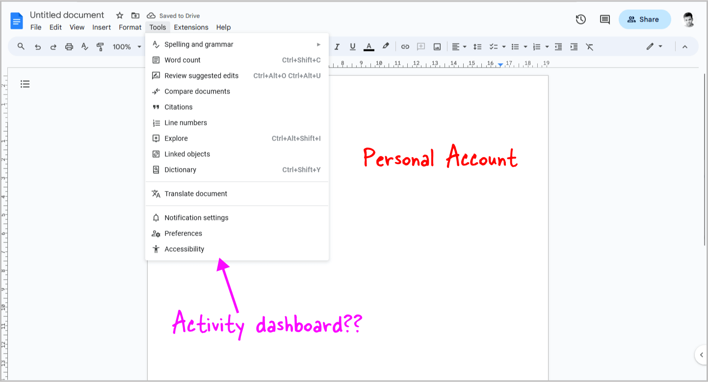 Google Docs Activity Dashboard Missing