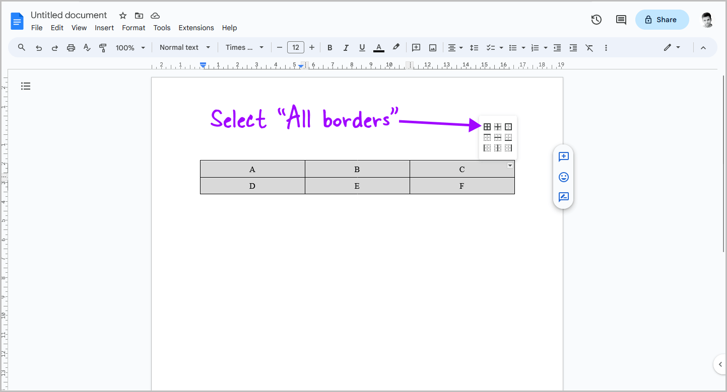 Google Docs Table Border Bottom Only