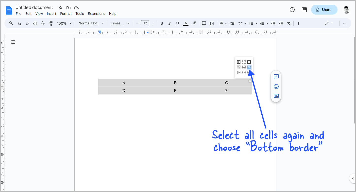 Google Docs Table Border Bottom Only