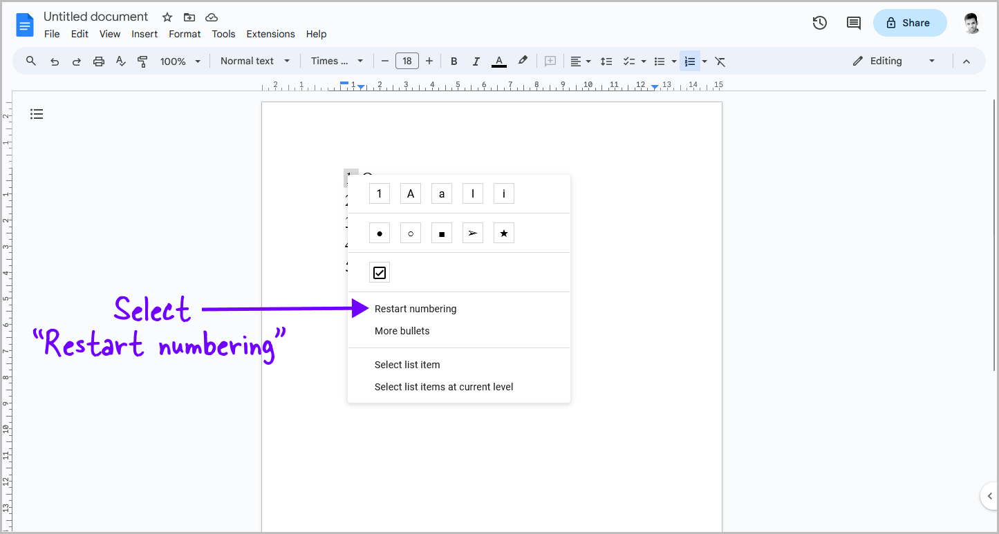 How to Restart Numbering in Google Docs